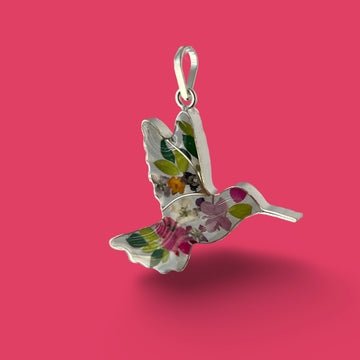 PRESSED FLOWER HUMMINGBIRD Sterling Silver Pendant