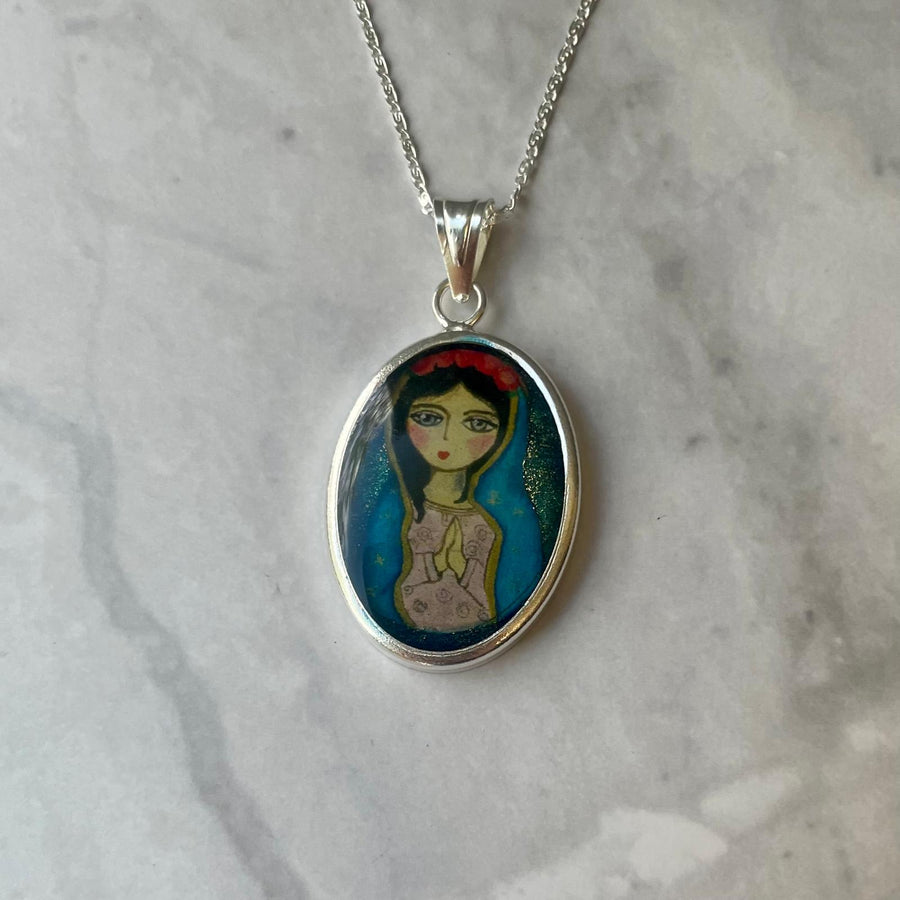 PAINTED VIRGIN MARY MEDAL silver necklace