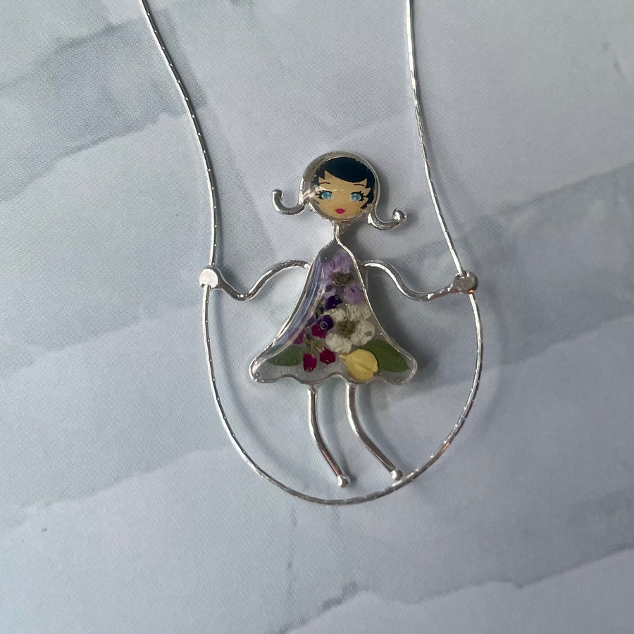 PRESSED FLOWERS JUMP ROPE GIRL  silver necklace