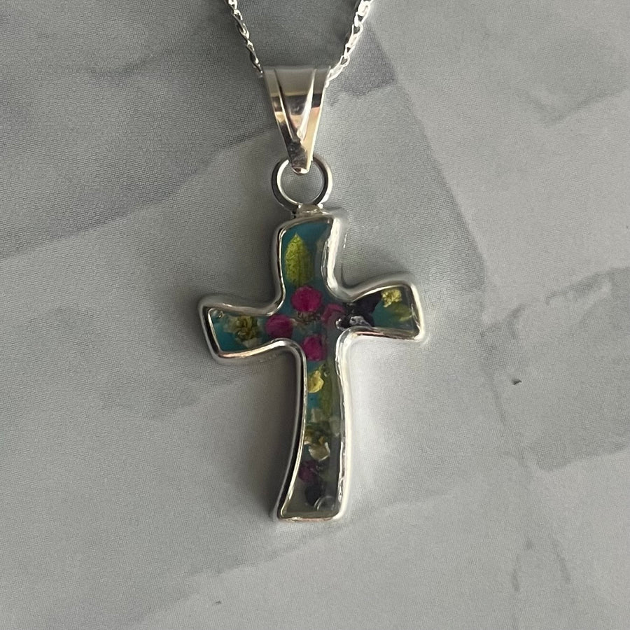 PRESSED FLOWER BENT CROSS silver necklace