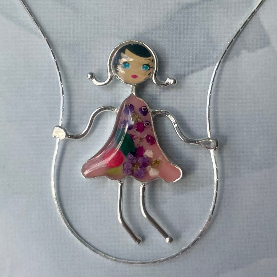 PRESSED FLOWERS JUMP ROPE GIRL  silver necklace