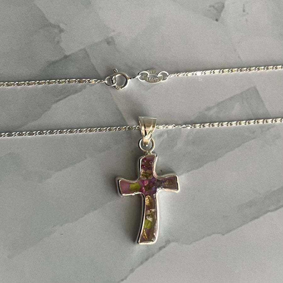 PRESSED FLOWER BENT CROSS silver necklace