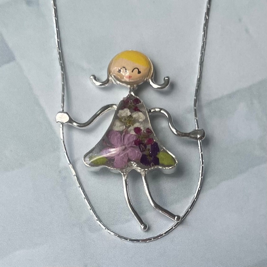 PRESSED FLOWERS JUMP ROPE GIRL  silver necklace