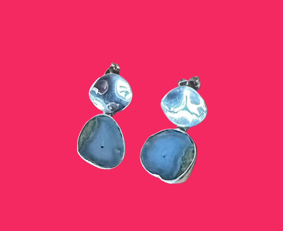 GEODE AND WAVY CIRCLE Sterling Silver Earrings