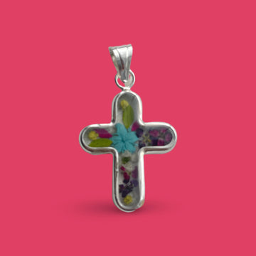 PRESSED FLOWER CROSS sterling silver pendant