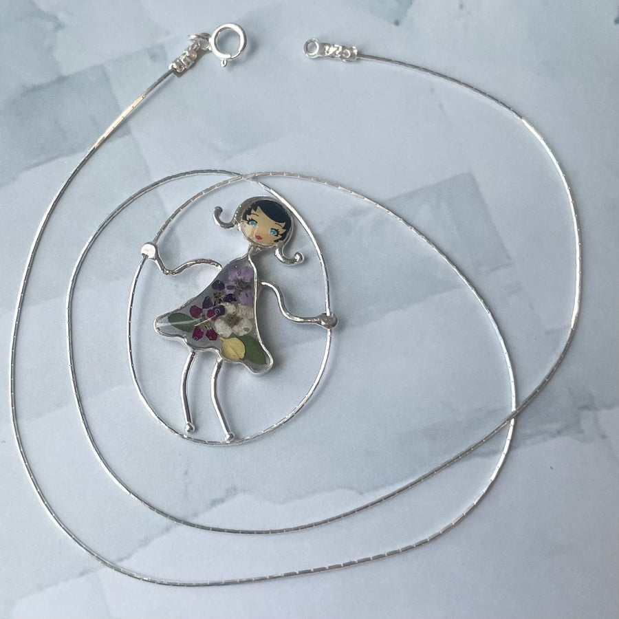 PRESSED FLOWERS JUMP ROPE GIRL  silver necklace