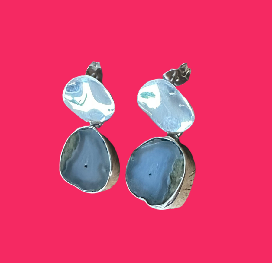 GEODE AND WAVY CIRCLE Sterling Silver Earrings