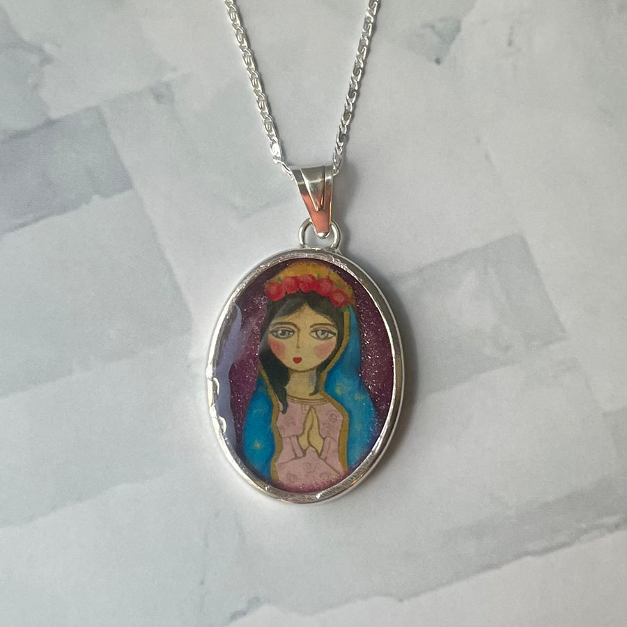 PAINTED VIRGIN MARY MEDAL silver necklace