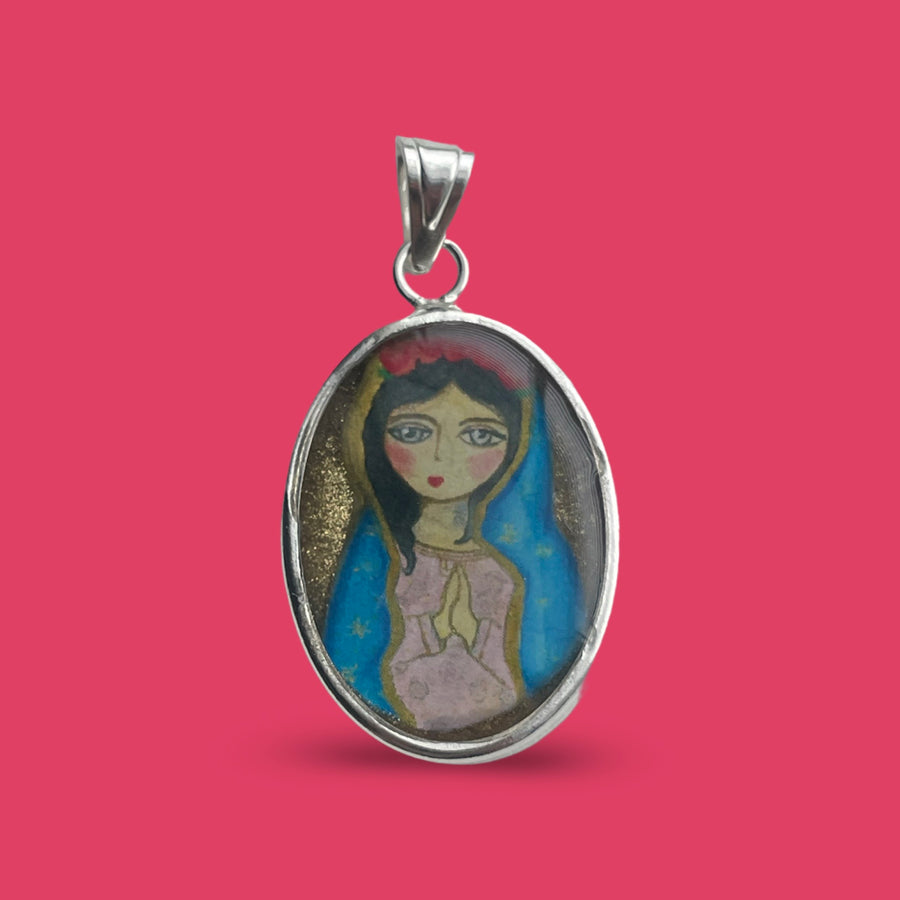 PAINTED VIRGIN MARY MEDAL silver pendant