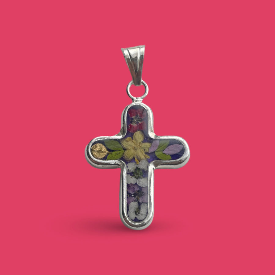 PRESSED FLOWER CROSS sterling silver pendant