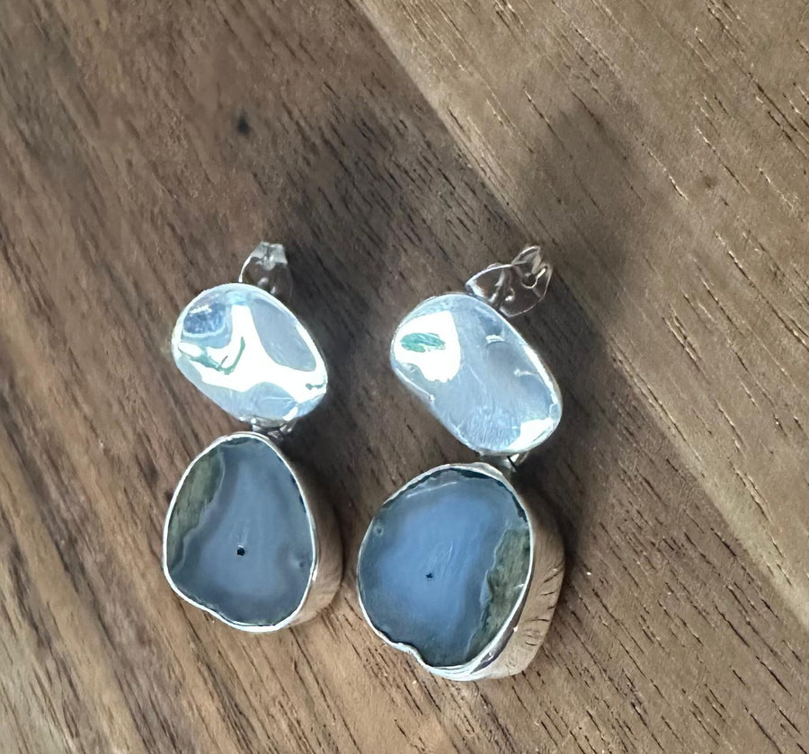 GEODE AND WAVY CIRCLE Sterling Silver Earrings