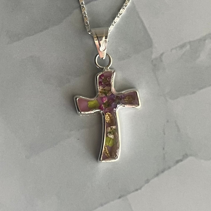 PRESSED FLOWER BENT CROSS silver necklace